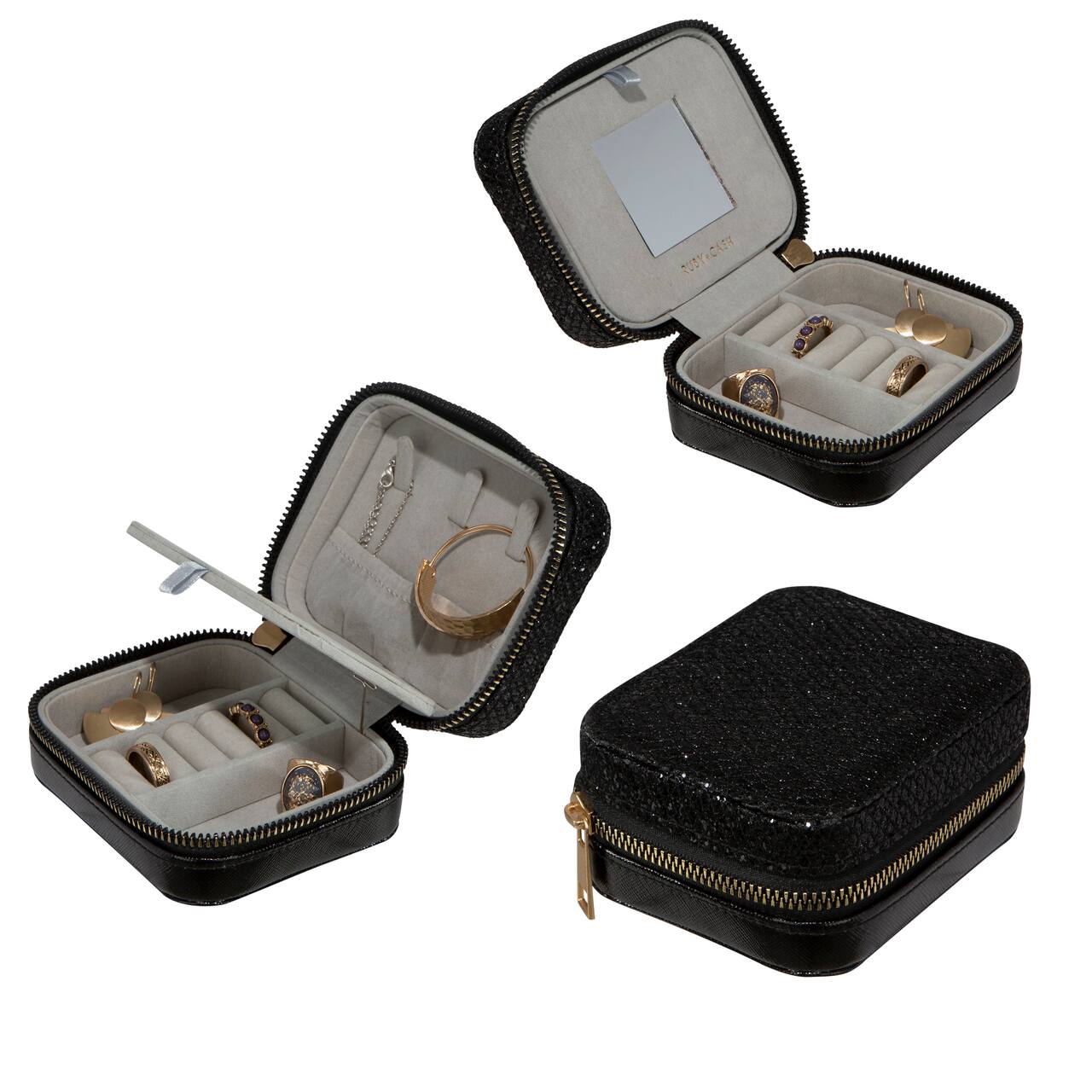 Ruby + Cash Black Sequin Mini Faux Leather Zippered Travel Jewelry Organizer Box